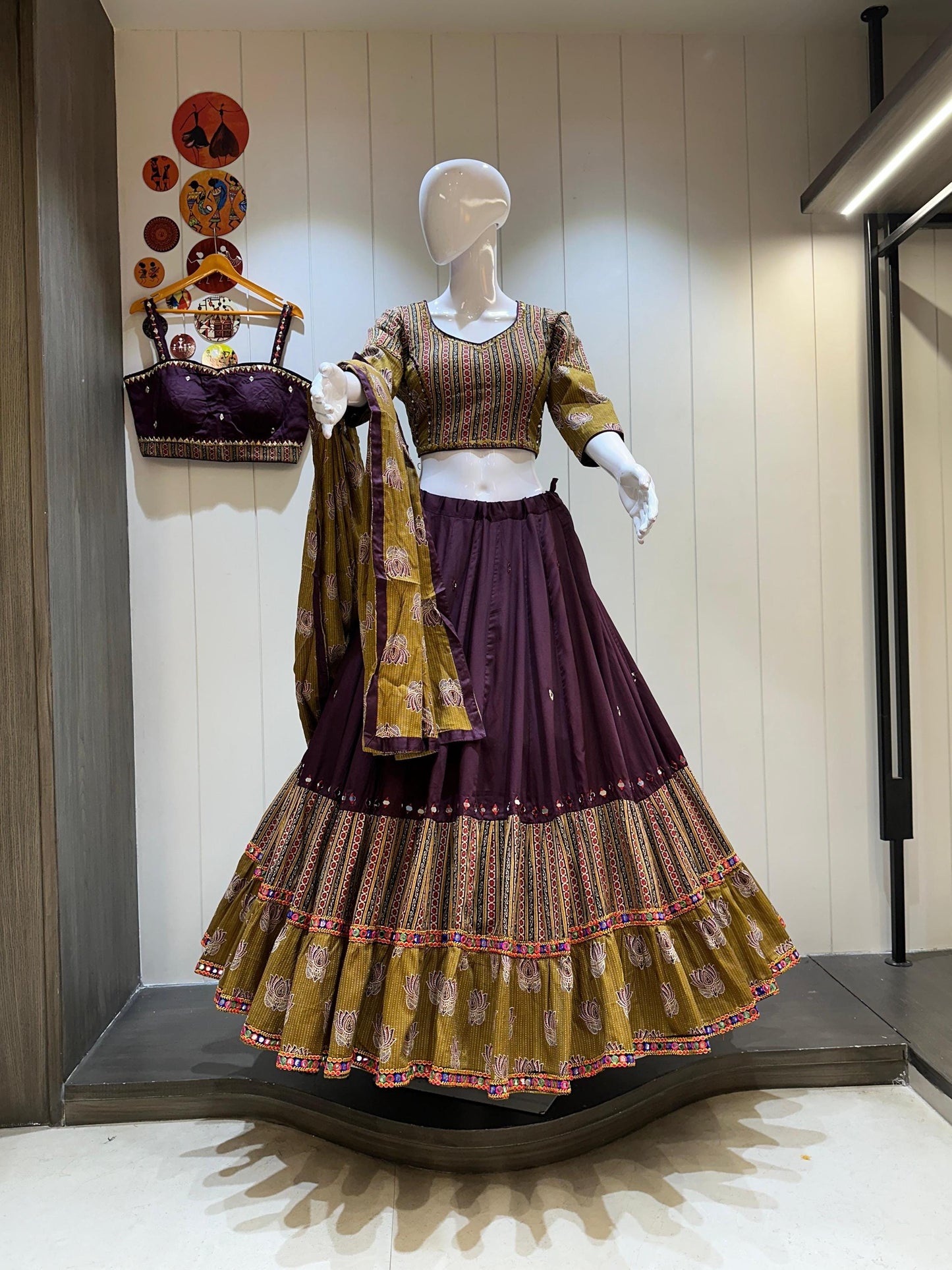Cotton Base Skirt With Kampi Border And Multi Work Combination Chaniya Choli