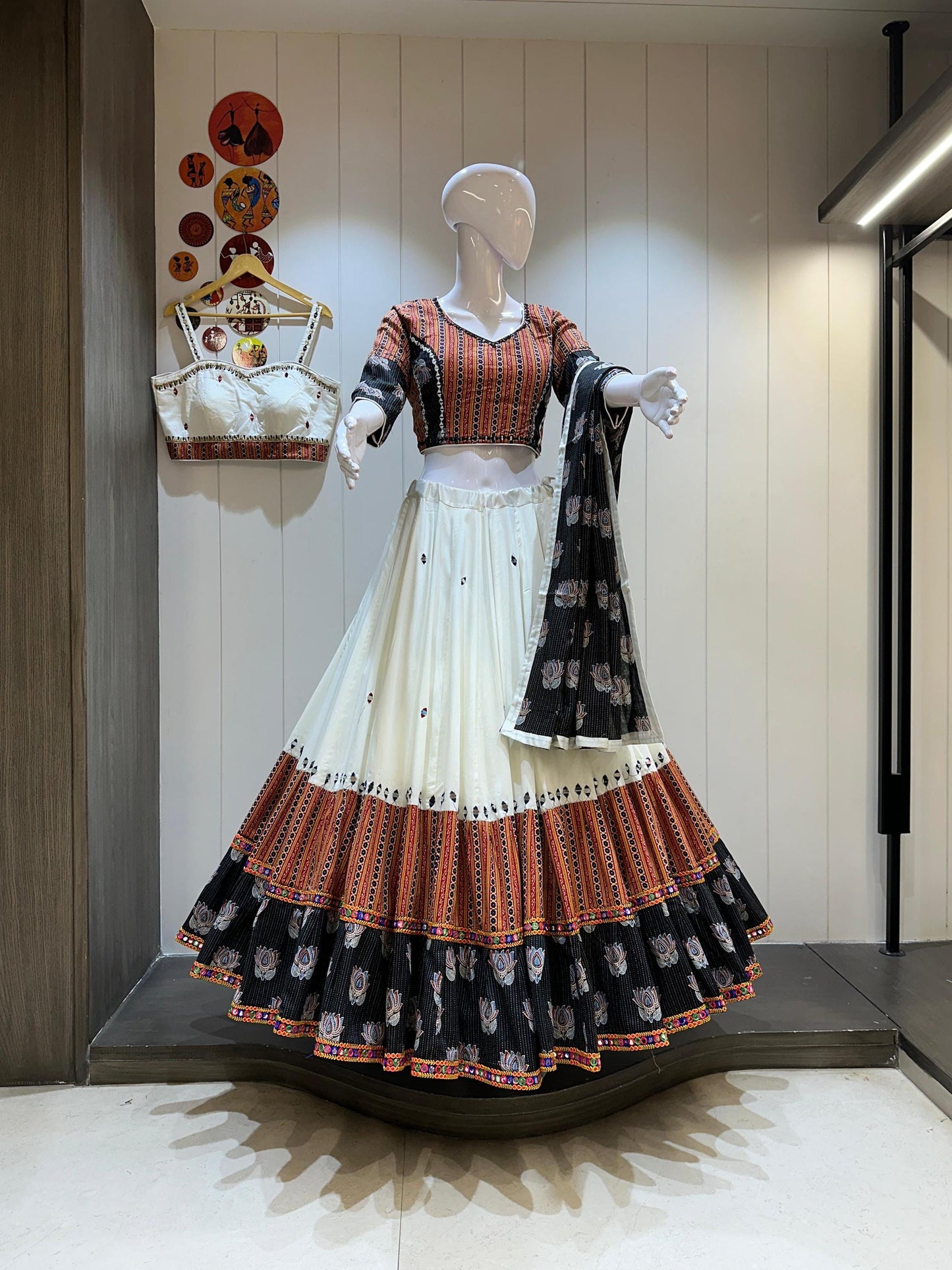 Cotton Base Skirt With Kampi Border And Multi Work Combination Chaniya Choli