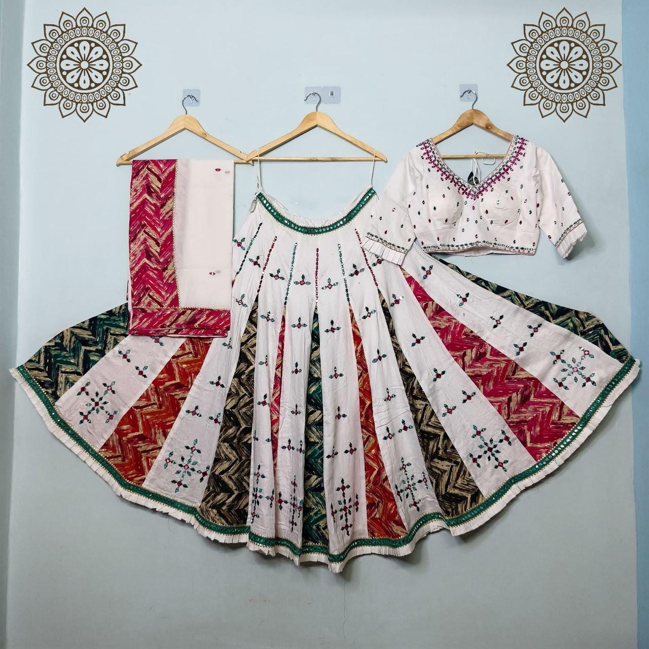 Pure Jaam Cotton Base Skirt With Kampi Border And Multi Work Combination Chaniya Choli