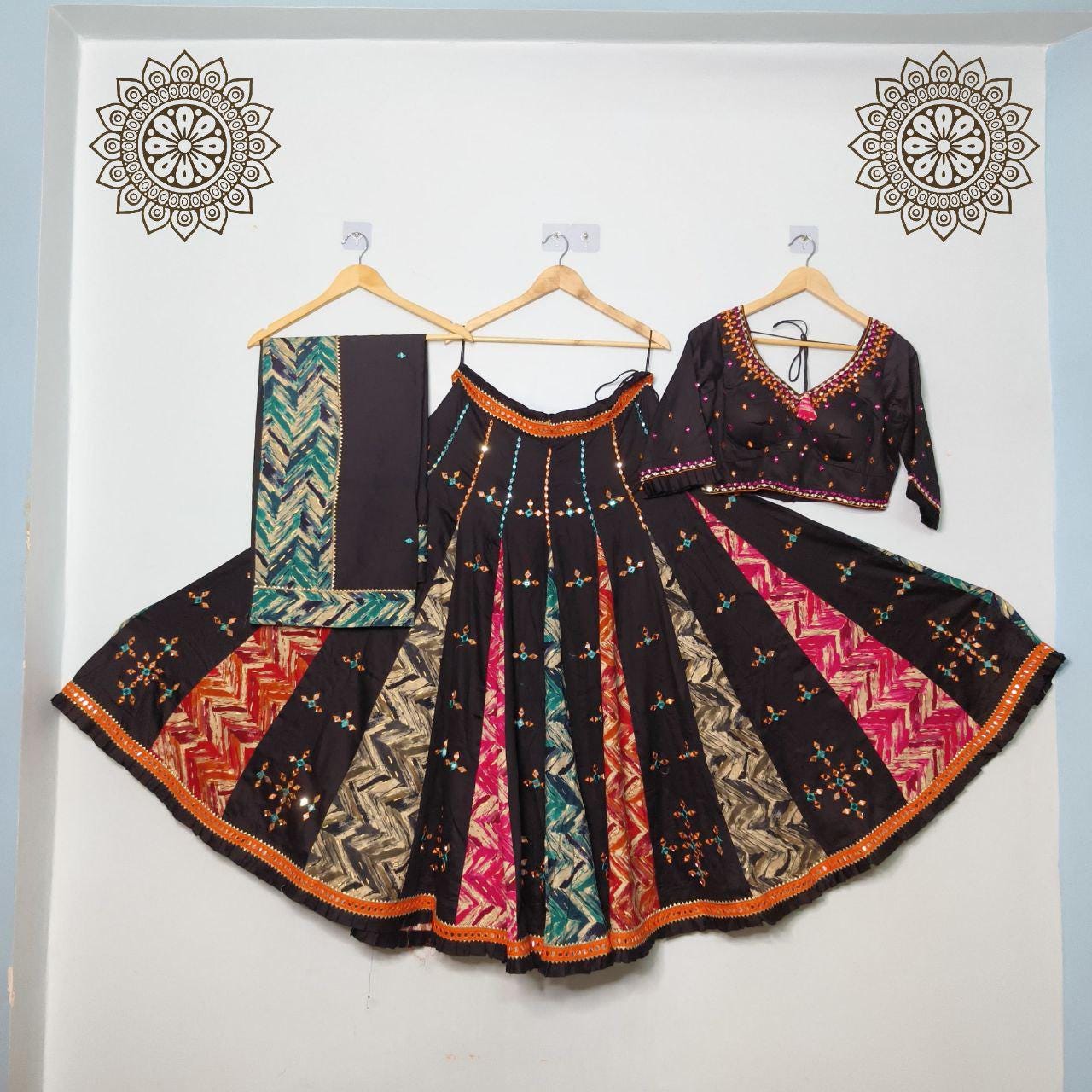 Pure Jaam Cotton Base Skirt With Kampi Border And Multi Work Combination Chaniya Choli