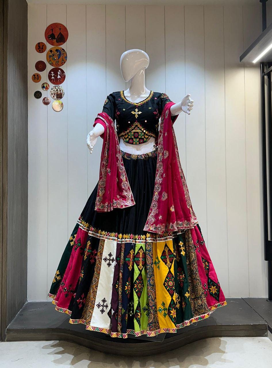 Pure Khadi Cotton Print With Aari Patch Skirt With Heavy Embroidery Work And Cut Print Border