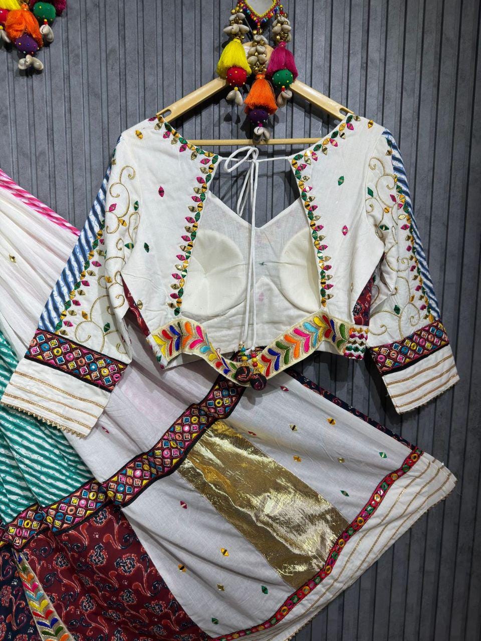 Pure Jaam Cotton Base Skirt With Kampi Border And Multi Work Combination Chaniya Choli