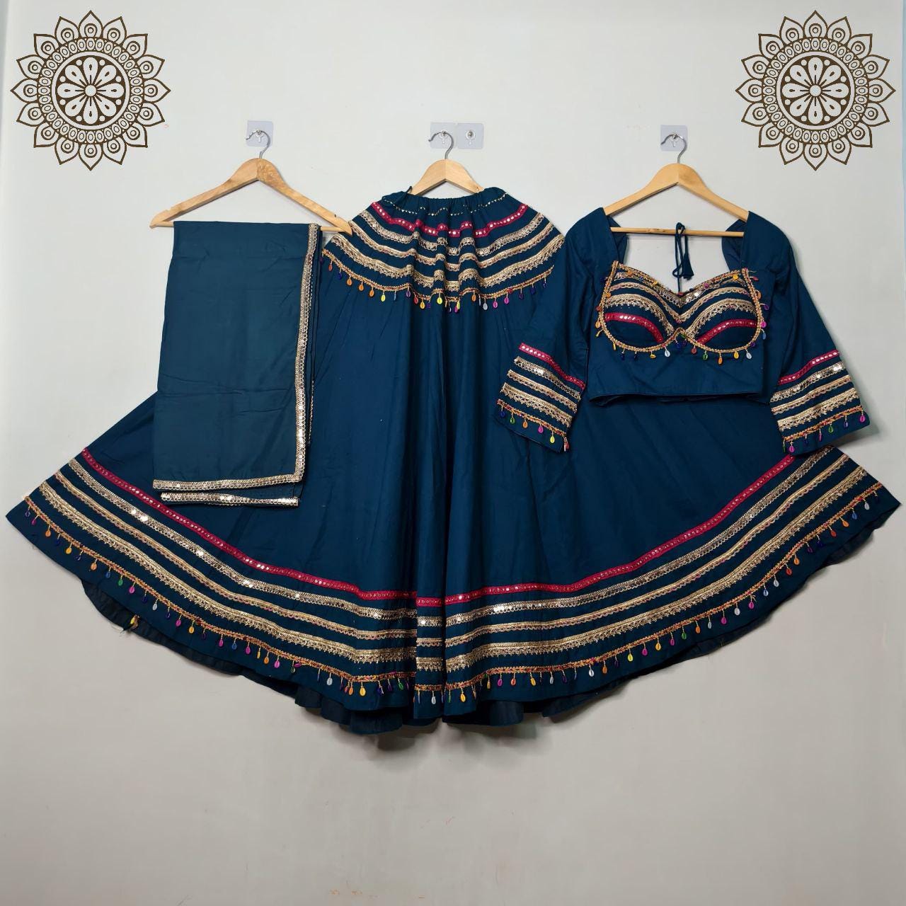 Cotton Base Skirt With Kampi Border And Multi Work Combination Chaniya Choli