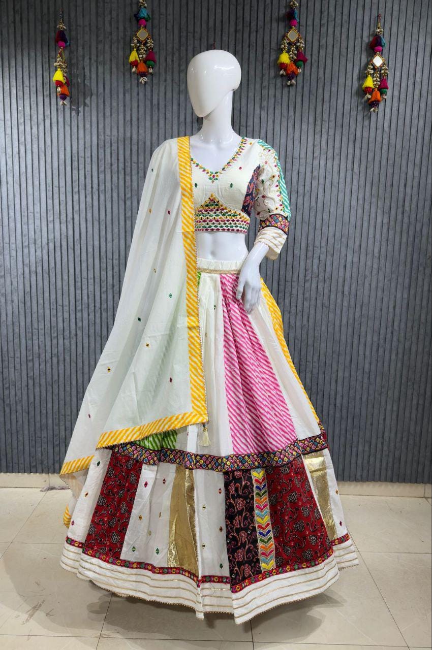 Pure Jaam Cotton Base Skirt With Kampi Border And Multi Work Combination Chaniya Choli