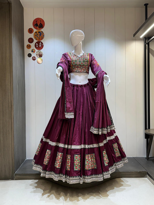 Jaam Shartin Base Chaniya Choli With Bandhej Print And Mirror And Aari Work