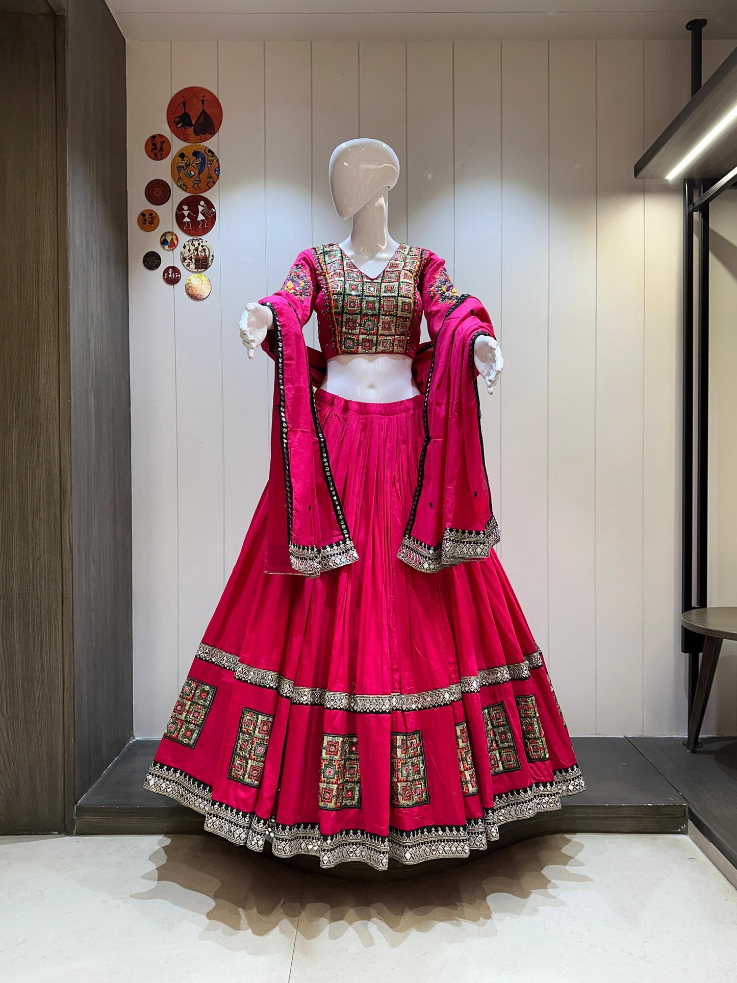 Jaam Shartin Base Chaniya Choli With Bandhej Print And Mirror And Aari Work