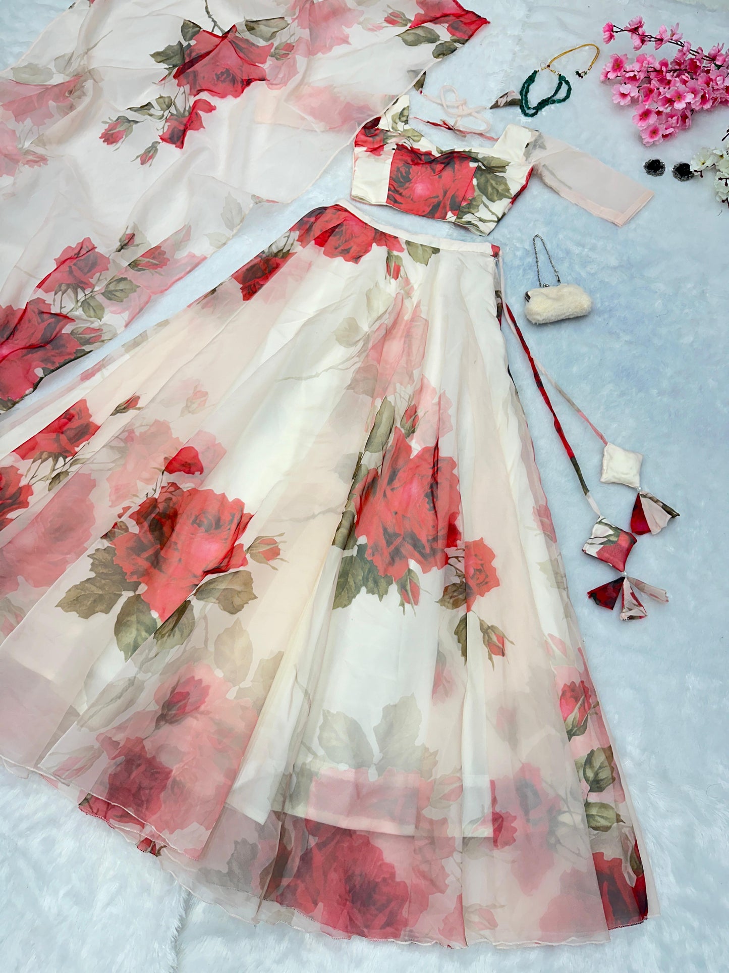 Pure Organza Silk Floral Printed Lehnga 8mtr Flair Lehnga With Canvas Patta