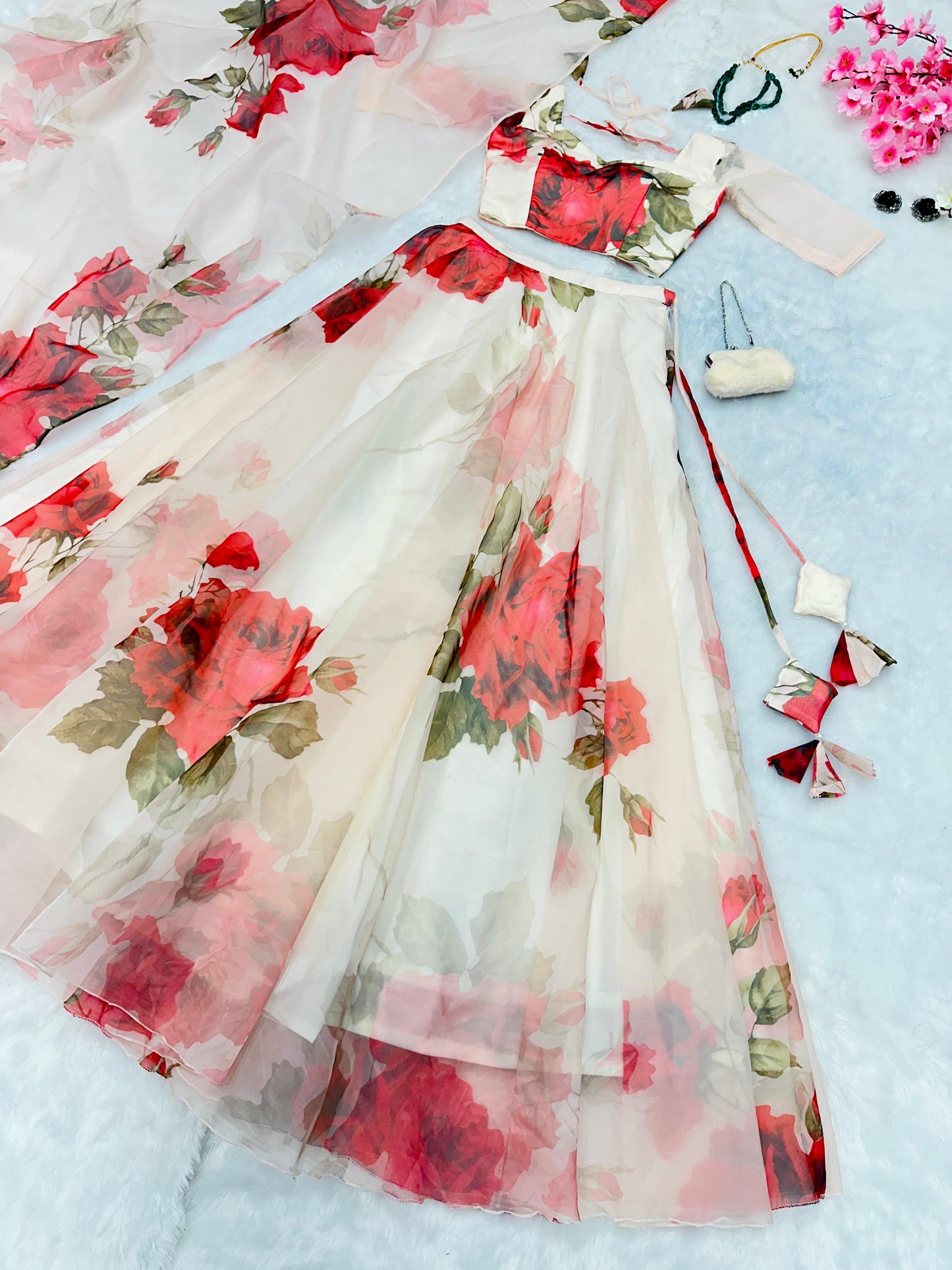 Pure Organza Silk Floral Printed Lehnga 8mtr Flair Lehnga With Canvas Patta