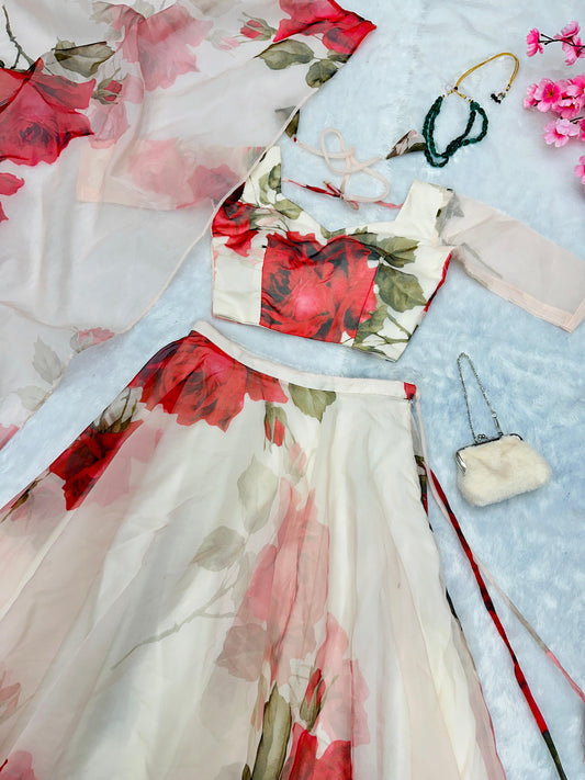 Pure Organza Silk Floral Printed Lehnga 8mtr Flair Lehnga With Canvas Patta