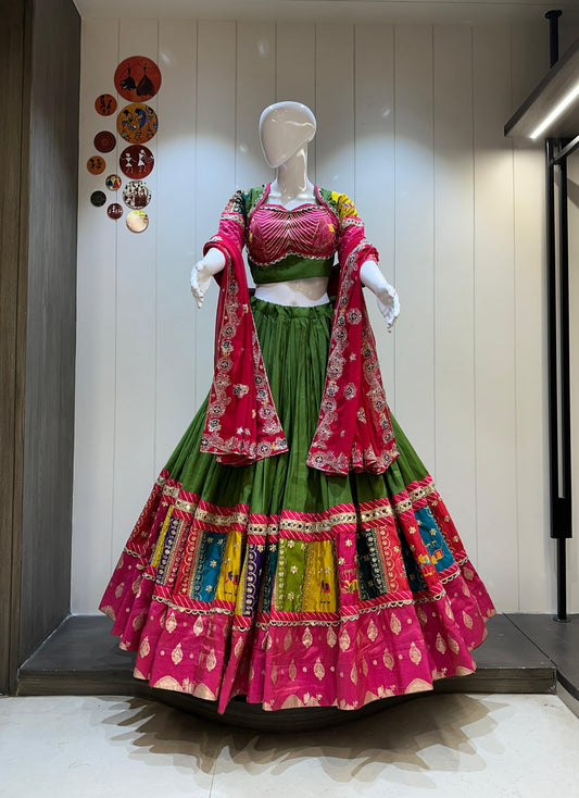Pure Roman Silk Fabric Chaniya Choli for Navratri Patola Lehenga Festival outfit Gamthi Work Garba Night
