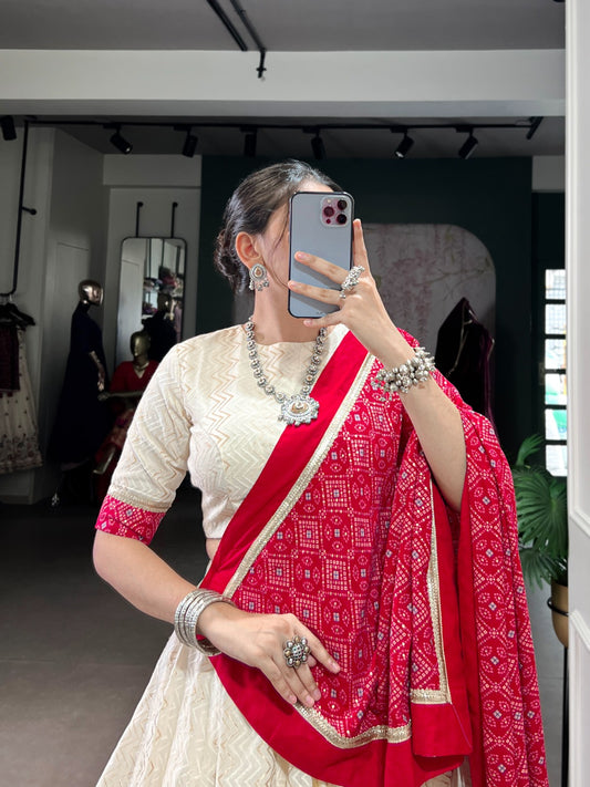 Cotton Zigzag And Bandhej Print With Sequins Lace Touch Up Chaniya Choli Patola Lehenga