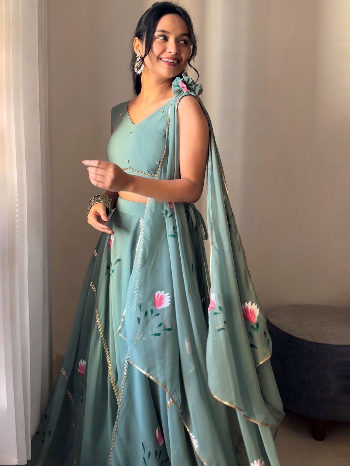 Georgette Handpaints Blouse With Handwork Lace It Has Draped Attached Dupatta Blouse Fully Stitched