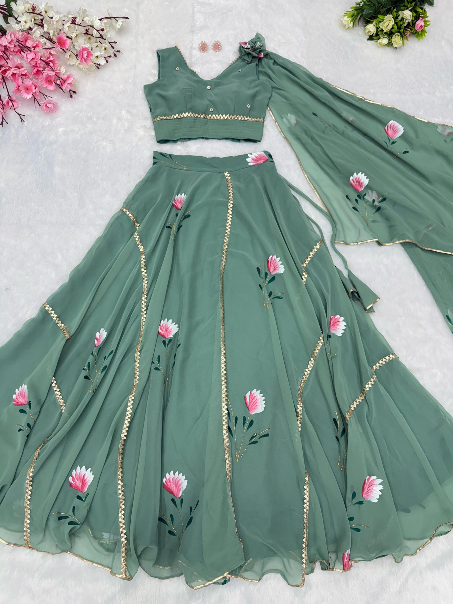 Georgette Handpaints Blouse With Handwork Lace It Has Draped Attached Dupatta Blouse Fully Stitched