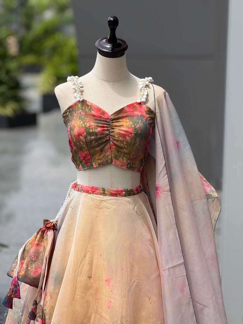 Pure Organza Digital Printed Lehnga. 8mtr Flair Lehnga With Canvas Patta And Adjustable Waist Dori