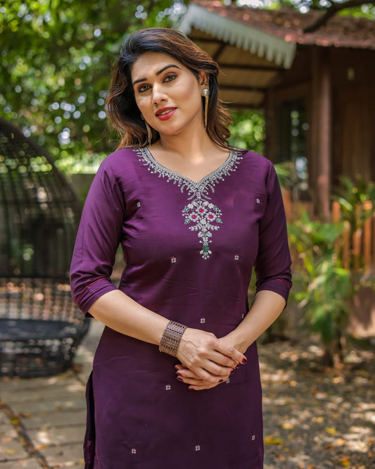 Cotton Roman Silk Beautiful Heavy Embroidery Work Cotton Fabric TOP BOTTOM India Ethnic Women Festive Party set Bride Wedding