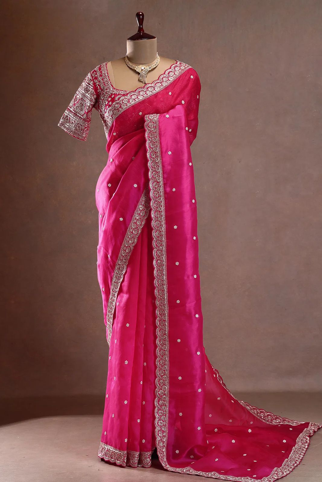 Pink Tabby Silk Flower Sequence With Thread Work Hand Embroidery Saree