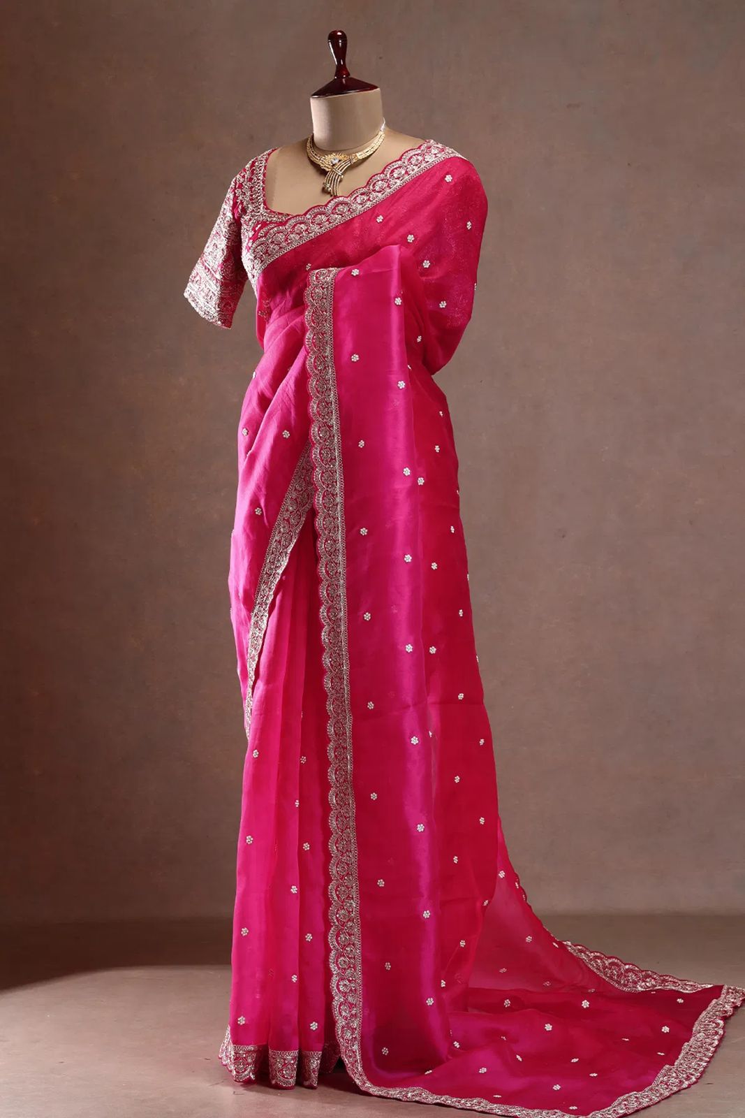 Pink Tabby Silk Flower Sequence With Thread Work Hand Embroidery Saree