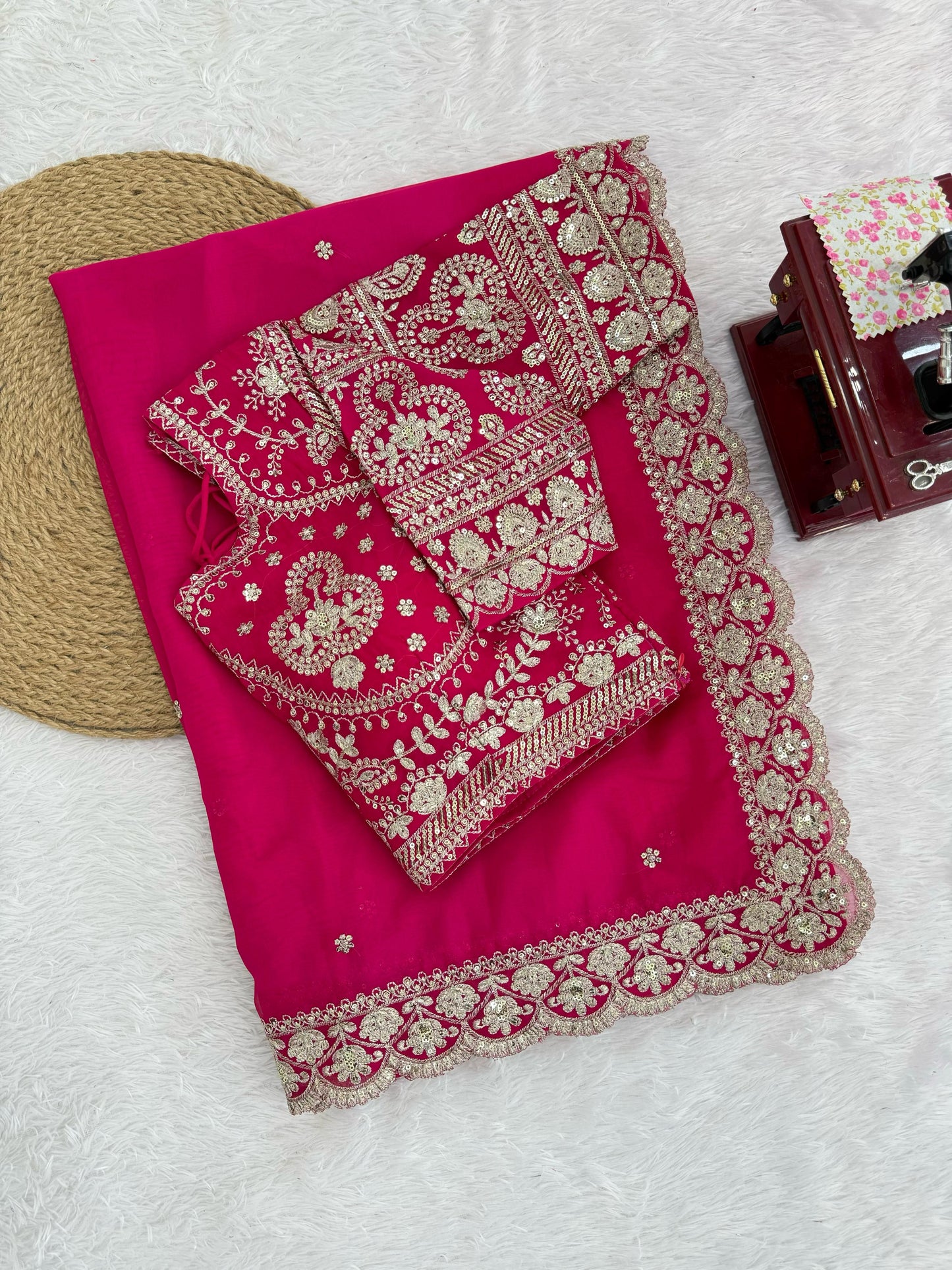 Pink Tabby Silk Flower Sequence With Thread Work Hand Embroidery Saree