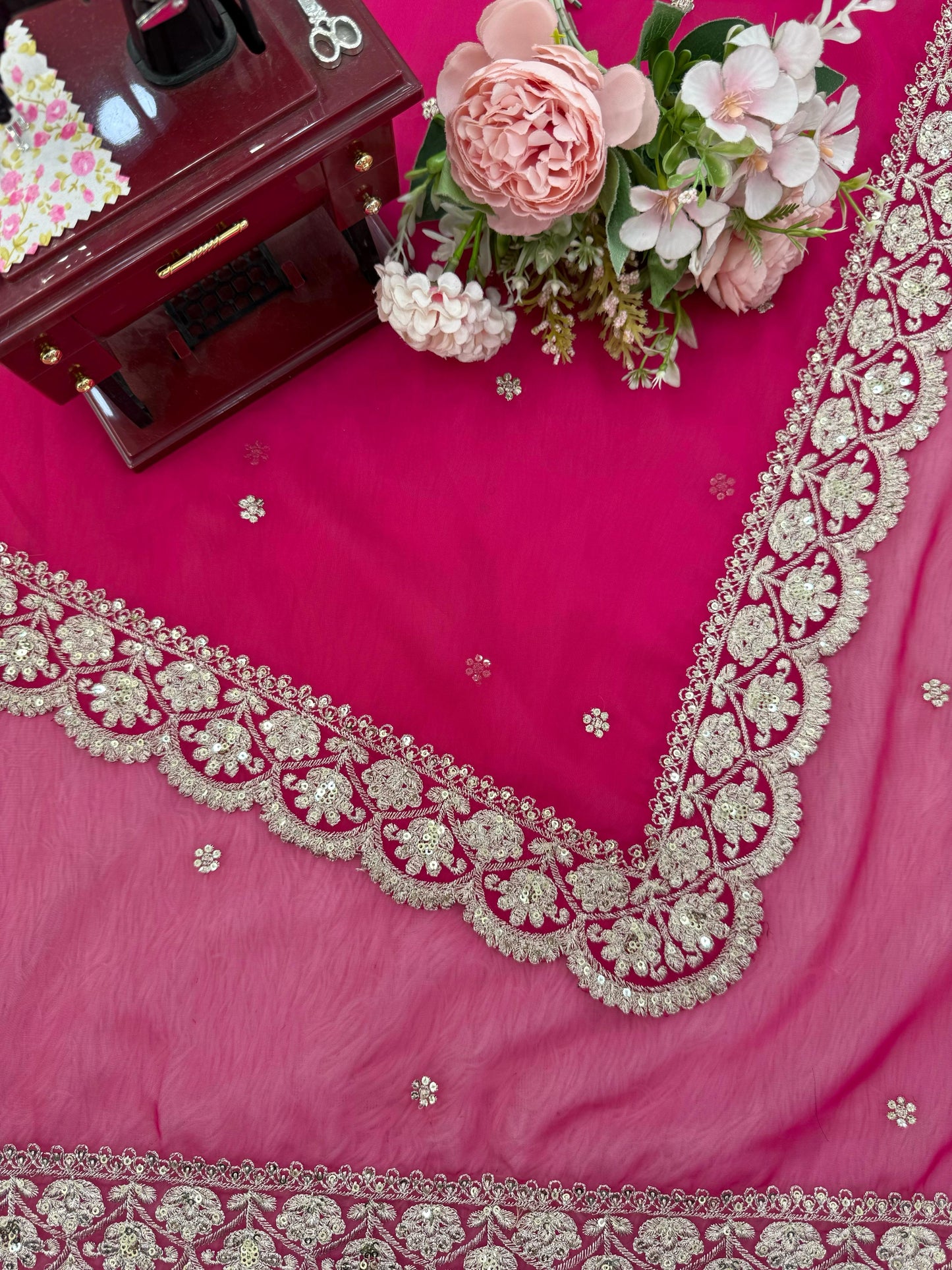 Pink Tabby Silk Flower Sequence With Thread Work Hand Embroidery Saree