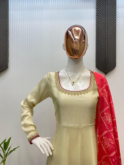 Heavy CHINON With Embroidery Work With GOLDEN LACE WITH PIPING