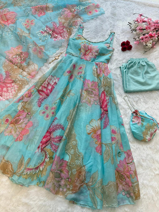 Pure Jimmy Organza Silk Digital Printed Padded Anarkali With Mirror Work On Neck