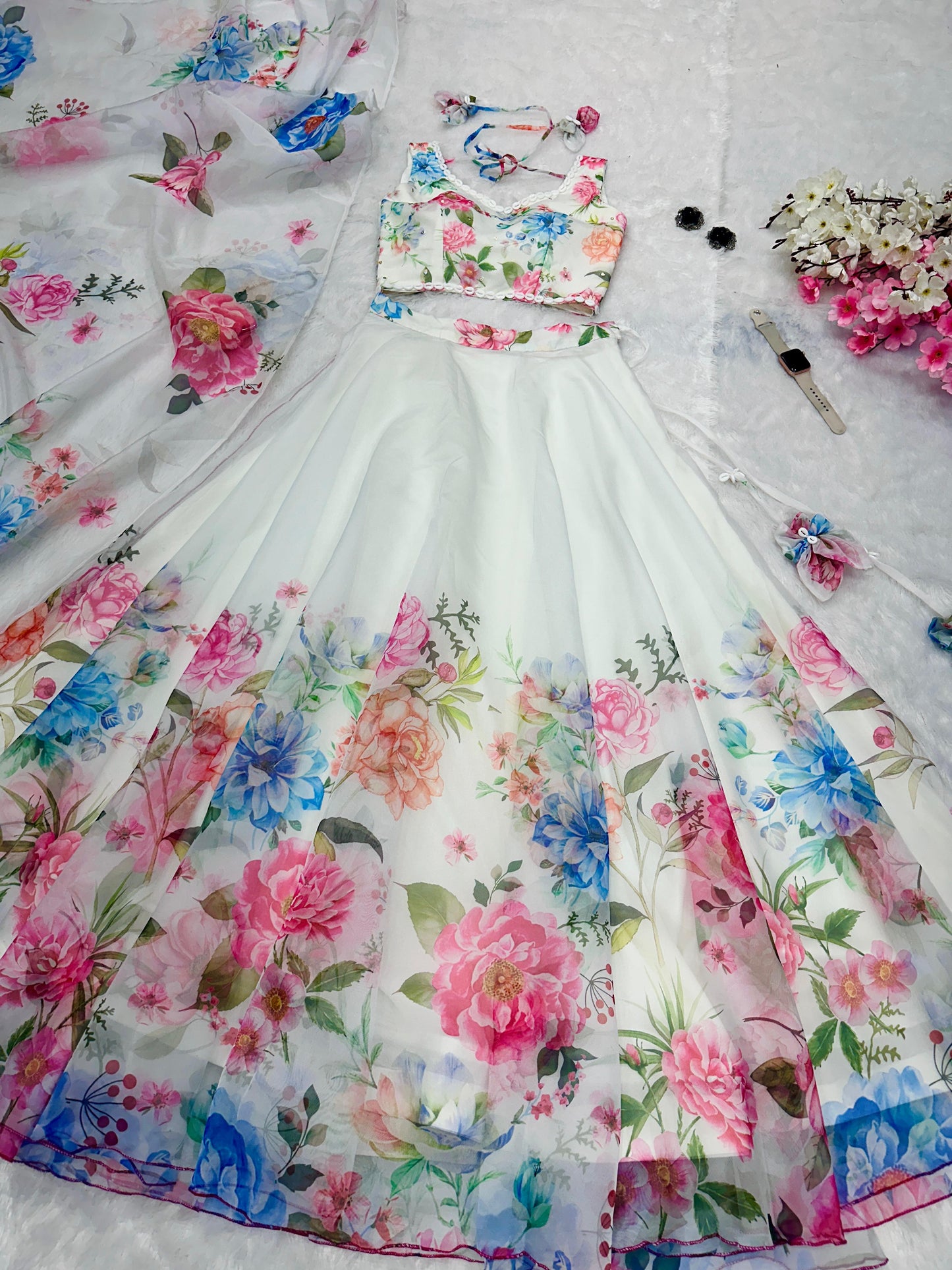 Pure Organza Silk Floral  Printed Lehnga 8 Mtr Flair Lehnga With Canvas Patta