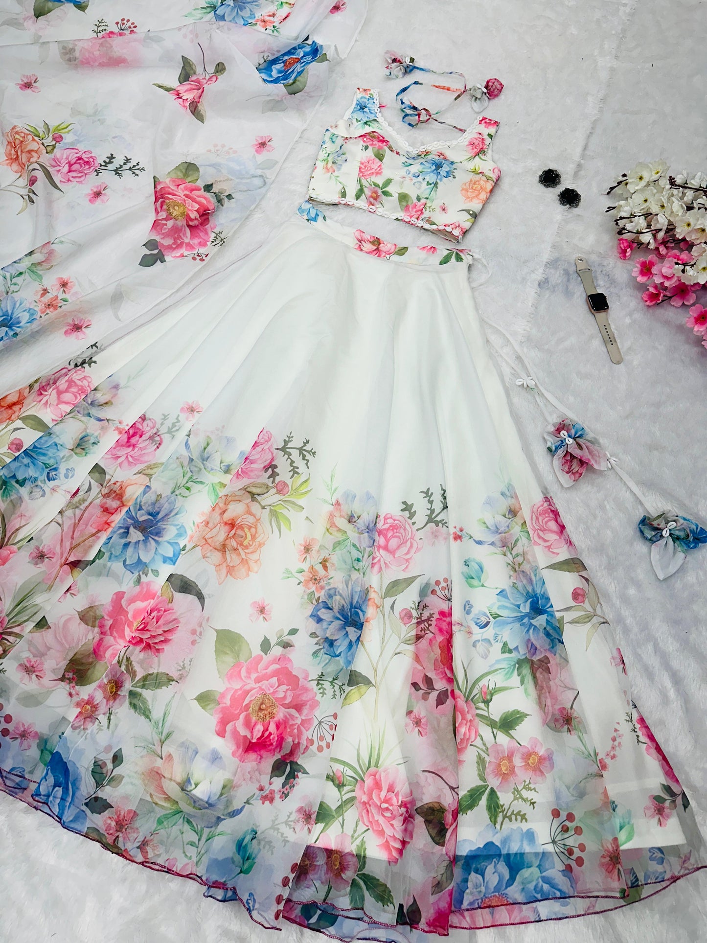 Pure Organza Silk Floral  Printed Lehnga 8 Mtr Flair Lehnga With Canvas Patta