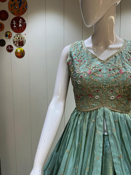 Pure Tissue Silk Chaniya With Long Jacket Concept Crop Top Embroidery Work Chaniya Choli Patola Lehenga