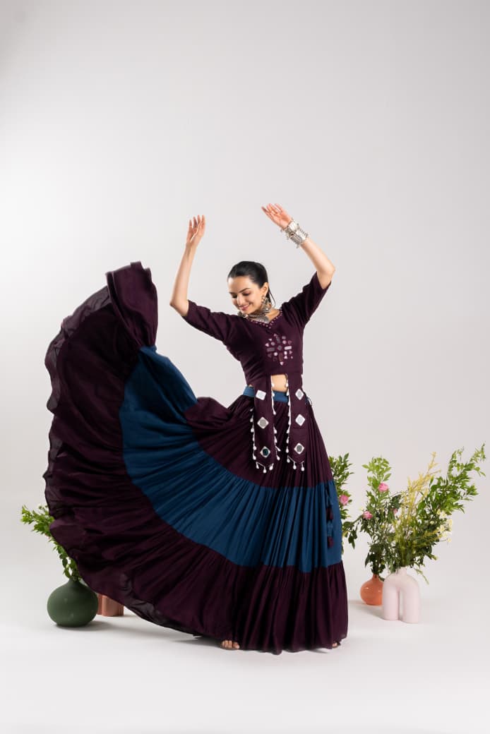 Pure Rayon Cotton Navratri Lehenga Choli With Real Mirror Work Adding A Touch Of Glamour