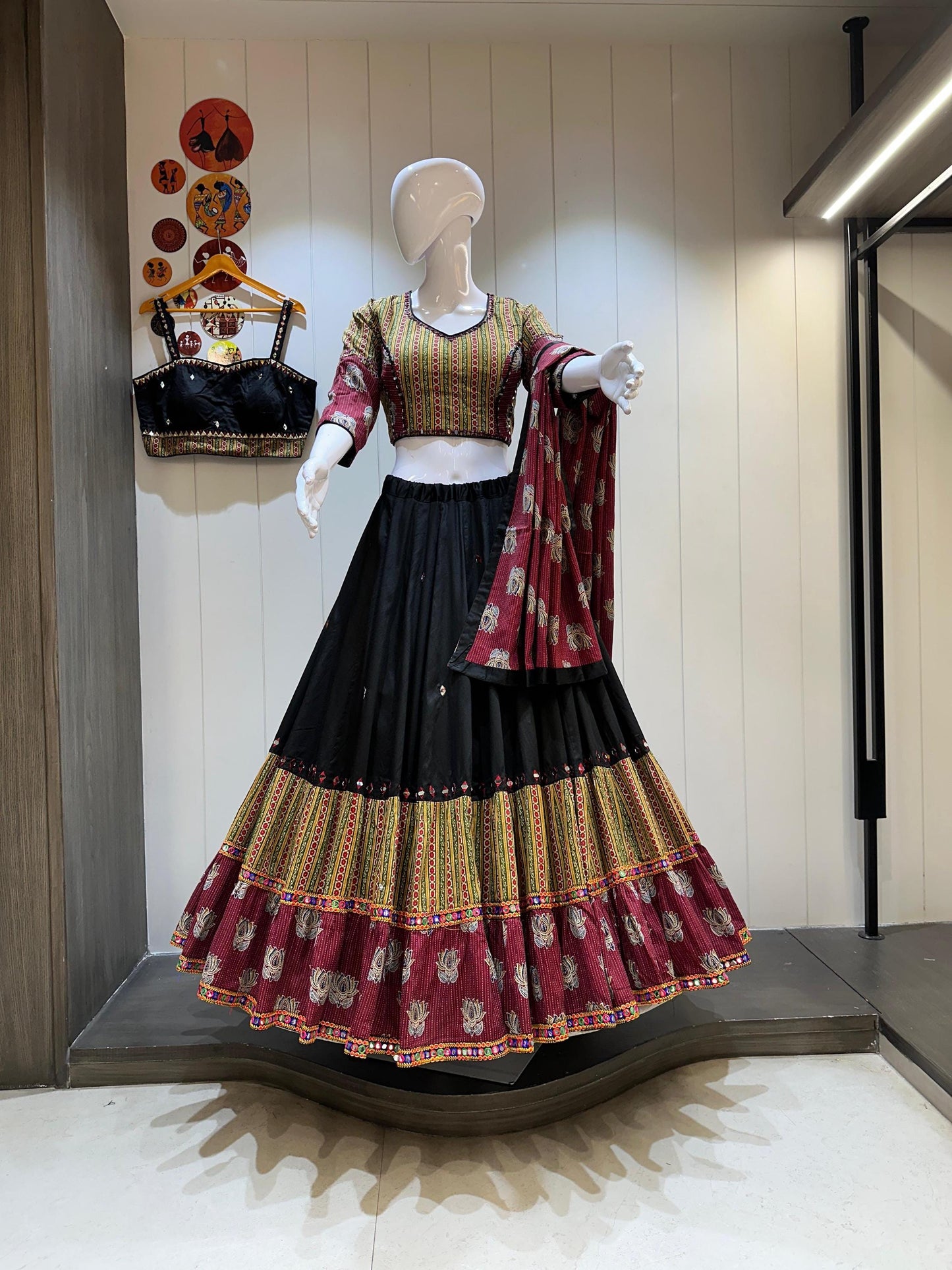 Cotton Base Skirt With Kampi Border And Multi Work Combination Chaniya Choli