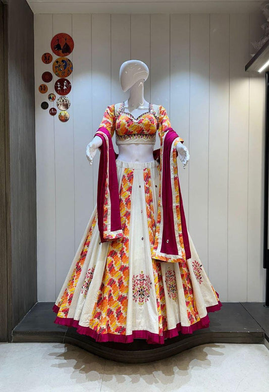 Reyon Cotton Abhla Work Chaniya Choli For Navratri Patola Lehenga Festival Outfit Gamthi Work Garba Night