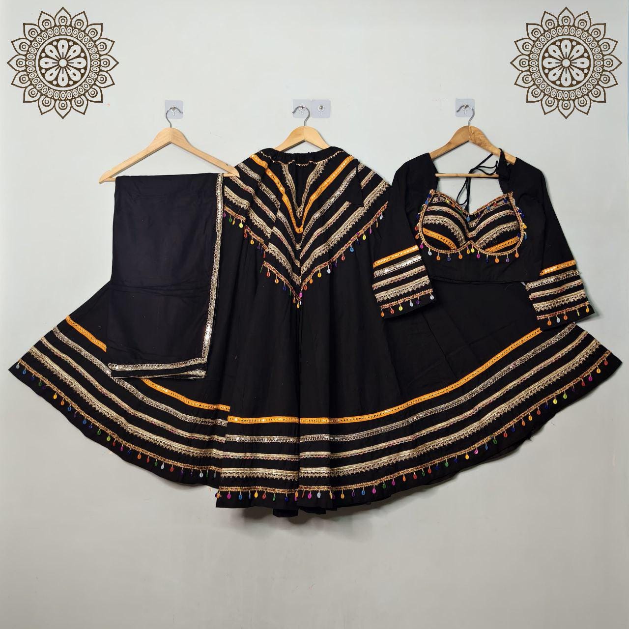 Cotton Base Skirt With Kampi Border And Multi Work Combination Chaniya Choli