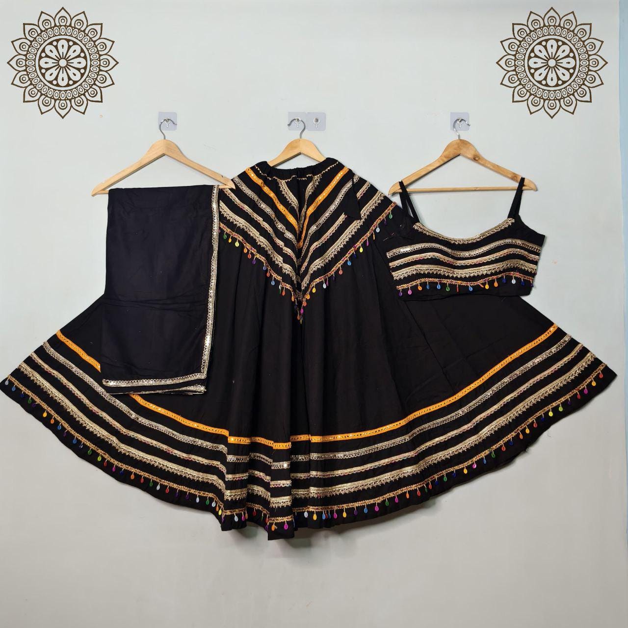 Cotton Base Skirt With Kampi Border And Multi Work Combination Chaniya Choli