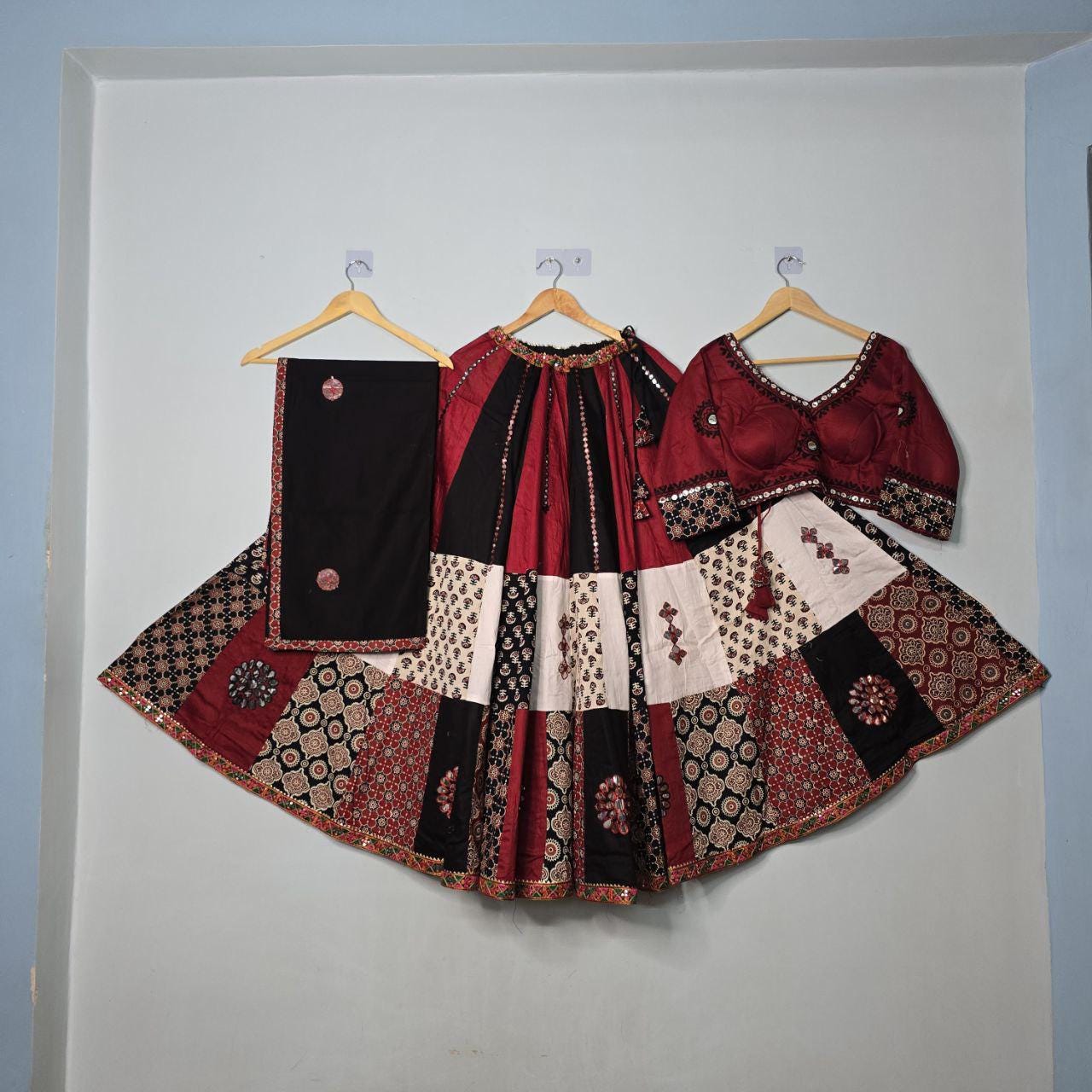 Pure South Cotton Fabric Base Skirt With Kampi Border And Multi Work Combination Chaniya Choli