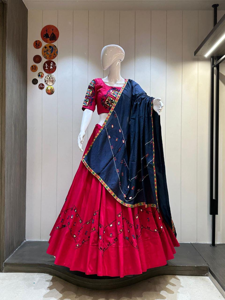 Pure Ajrakh Cotton Print Fabric Aari Work  With Patching Work Dupatta With Designer Blouse