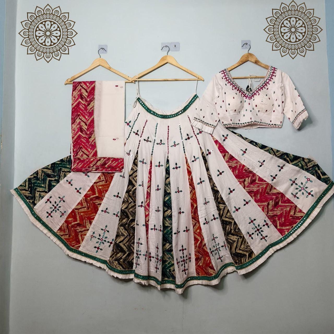 Pure Jaam Cotton Base Skirt With Kampi Border And Multi Work Combination Chaniya Choli