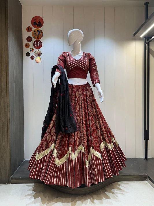 Pure Kutchhi Print Fabric Cotton Base Skirt With Kampi Border And Multi Work Combination