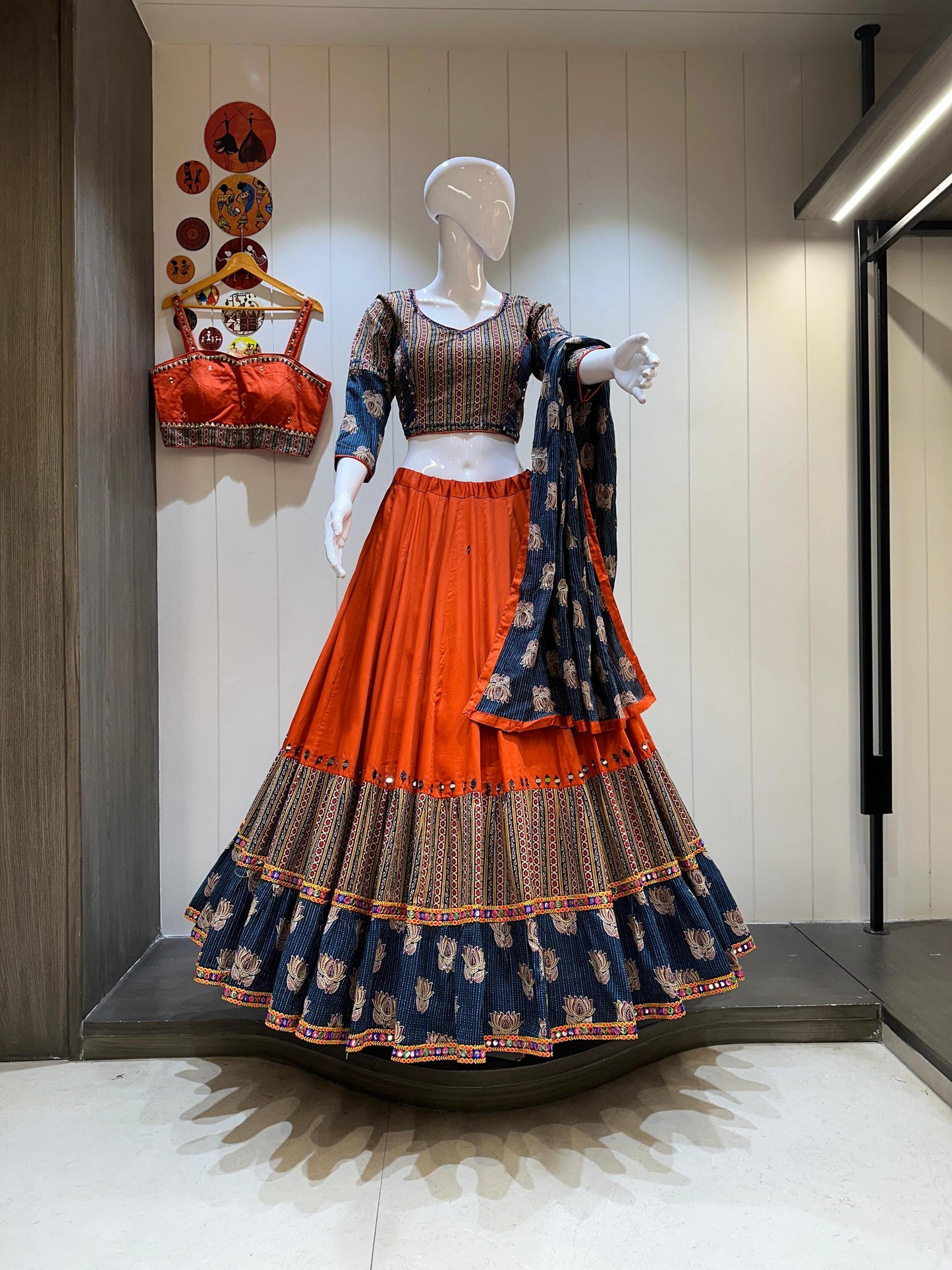 Cotton Base Skirt With Kampi Border And Multi Work Combination Chaniya Choli