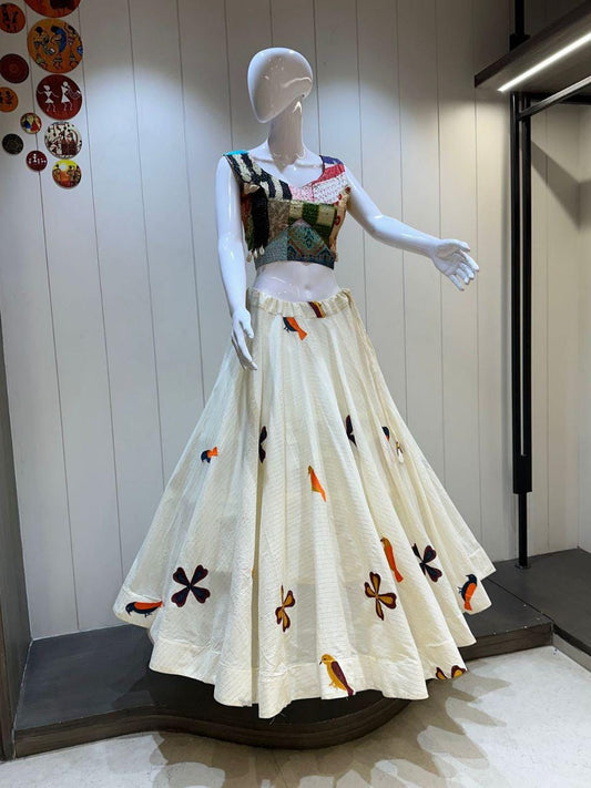 White Lurex Khadi Cotton Umbrella Chaniya Choli With Heavy Blouse