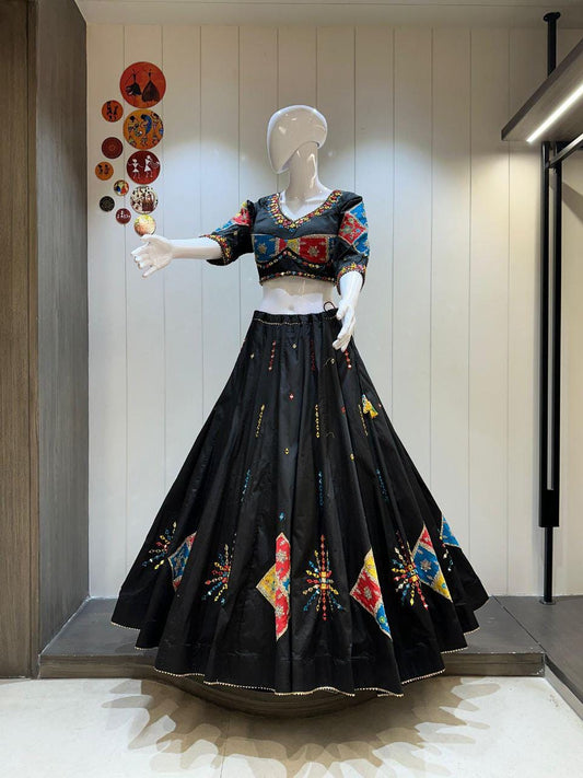 Black Colour Pure Jaam Cotton Heavy Quality Fabric Navratri Patola Lehenga Festival