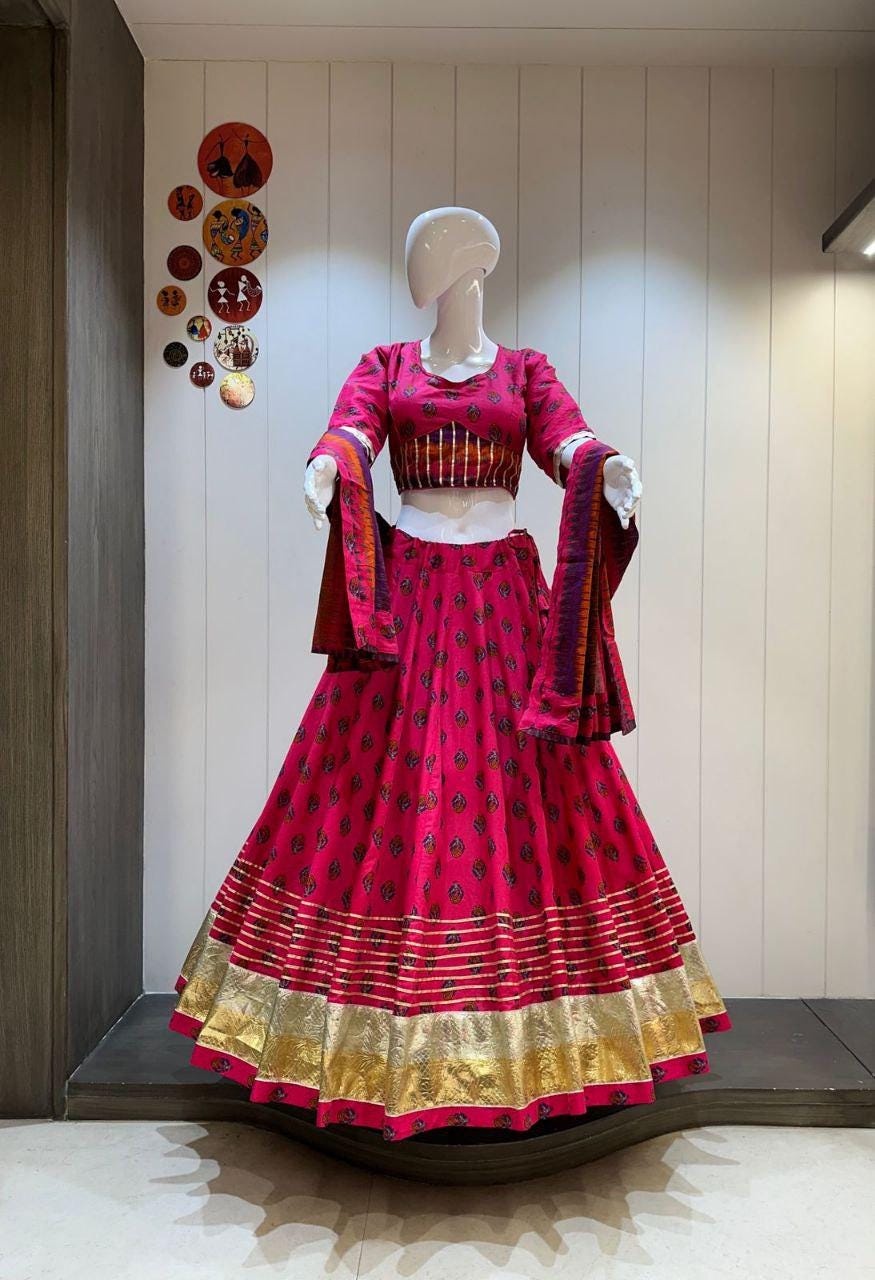 Camric Cotton Work Chaniya Choli For Navratri Patola Lehenga Festival Outfit Gamthi Work Garba Night