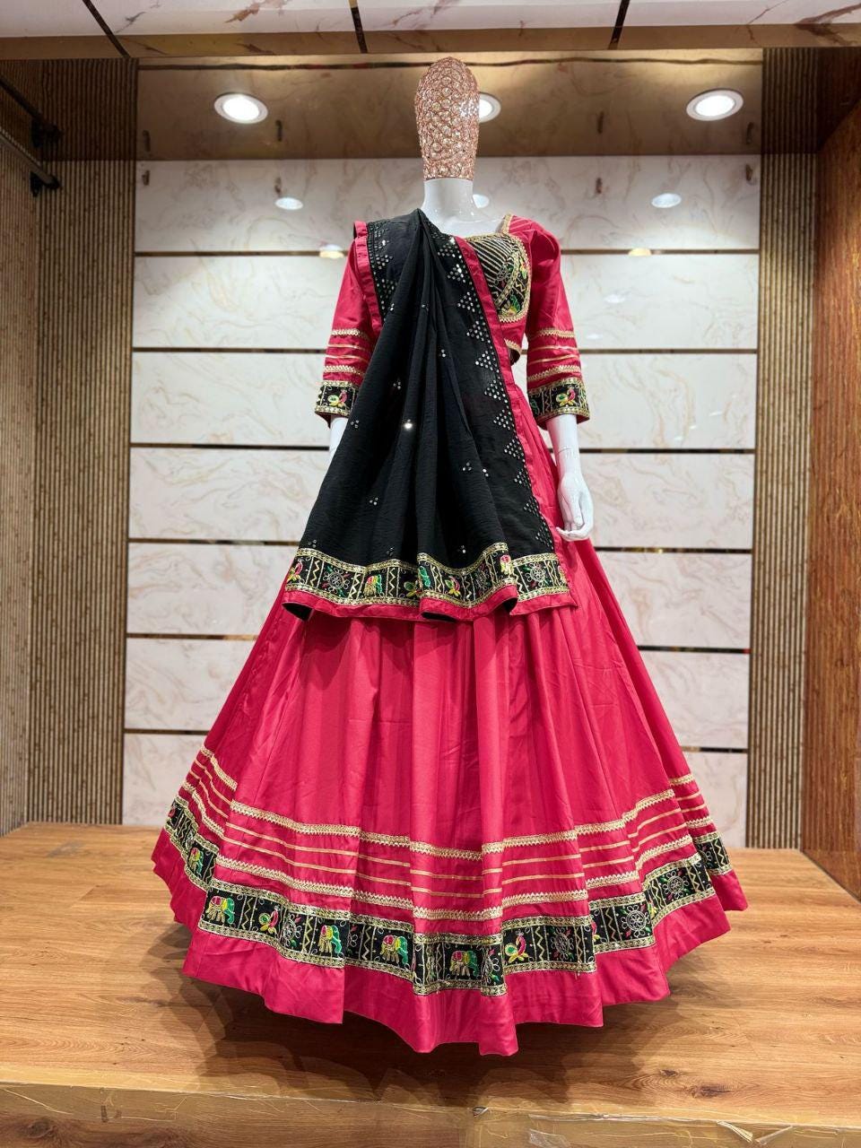Rasgulla Fabric Cotton Base Skirt With Kampi Border And Multi Work Combination Chaniya Choli