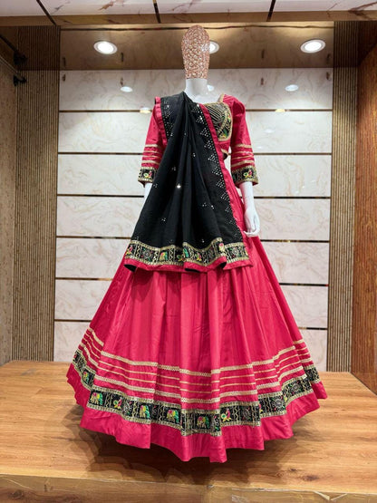Rasgulla Fabric Cotton Base Skirt With Kampi Border And Multi Work Combination Chaniya Choli