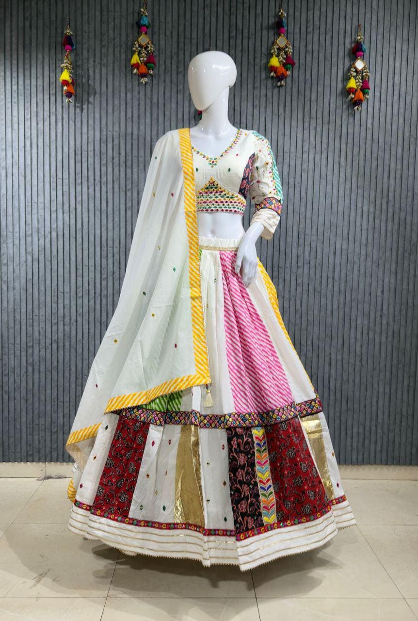 Pure Jaam Cotton Base Skirt With Kampi Border And Multi Work Combination Chaniya Choli