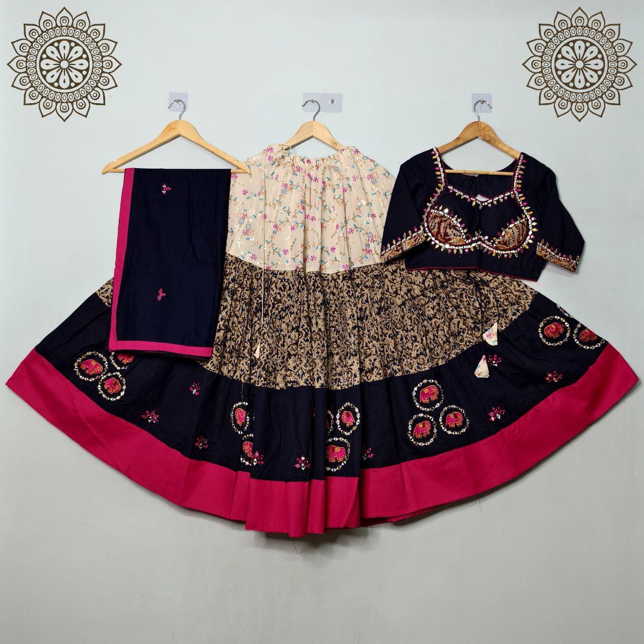 Pure Jaam Cotton Base Skirt With Kampi Border And Multi Work Combination Chaniya Choli