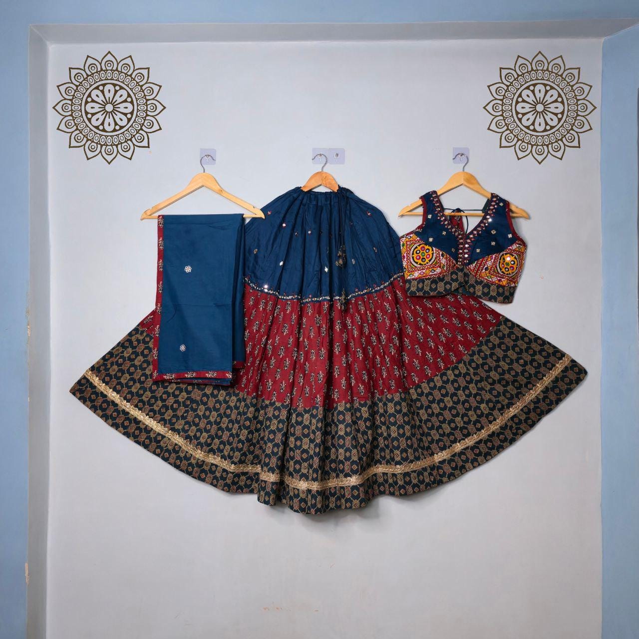 Pure Ikkat Print Cotton Fabric Skirt With Heavy South Print Gamthi Lace And Heavy Lining Chaniya Choli