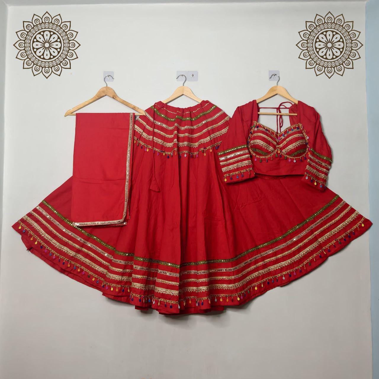 Cotton Base Skirt With Kampi Border And Multi Work Combination Chaniya Choli