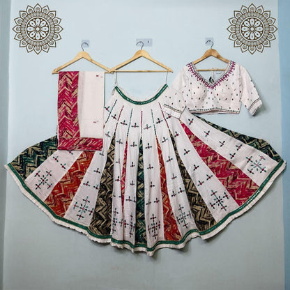 Pure Jaam Cotton Base Skirt With Kampi Border And Multi Work Combination Chaniya Choli