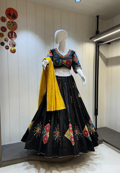 Black Colour Pure Jaam Cotton Heavy Quality Fabric Navratri Patola Lehenga Festival