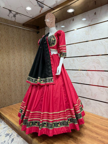 Rasgulla Fabric Cotton Base Skirt With Kampi Border And Multi Work Combination Chaniya Choli